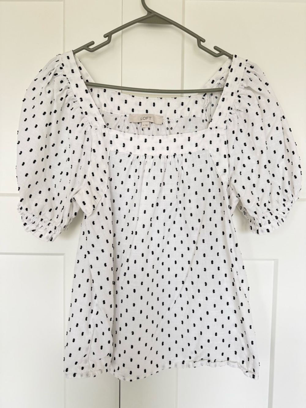 LOFT White Square-Neck Puff Sleeve Blouse with Black Dot Print